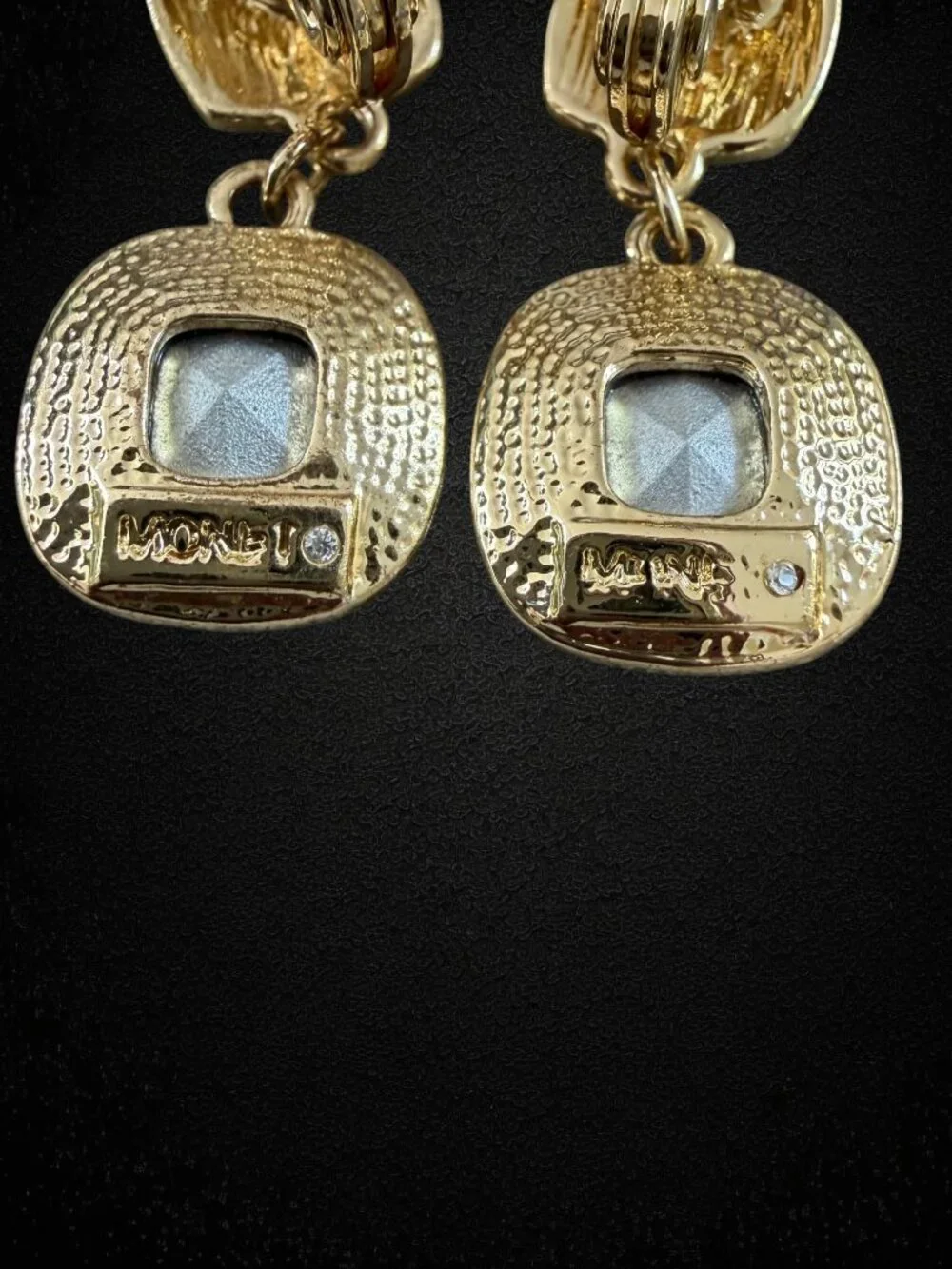 Vintage Monet Clear Rhinestone Glass Drop Clip Earrings Gold Tone Square Dangle